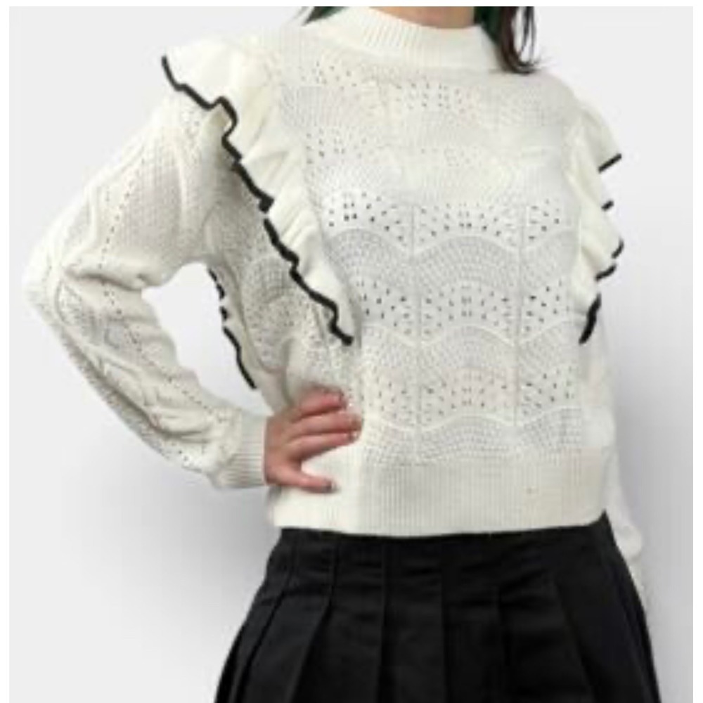 Marc New York Andrew Marc Ivory Pointelle Ruffle Mock Neck Sweater XL Black Trim